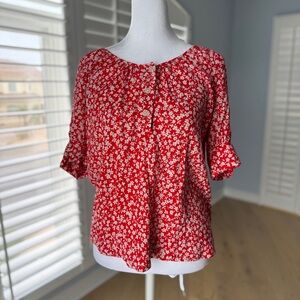 J Crew Red Floral Short Sleeve Blouse Size Small